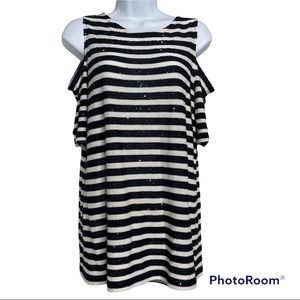 Chico’s Sparkle Striped Cold Shoulder Top L